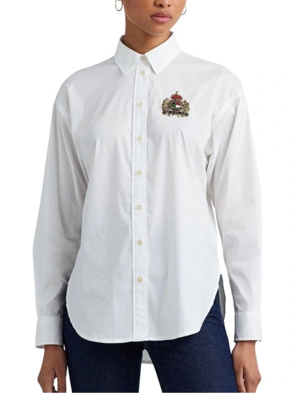 Ralph Lauren Kotta Long Sleeve Button down crisp white shirt Beaded Crest PL